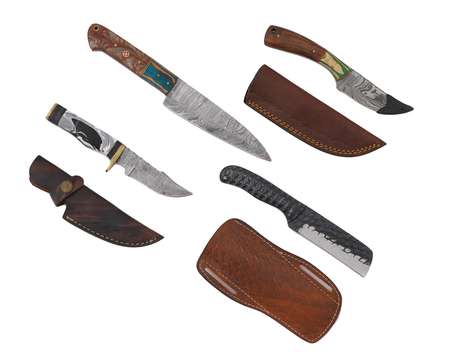GROUP OF FOUR DAMASCUS STEEL KNIVES WITH SHEATHS: A group of four knives with sheaths. Three with a uniquely patterned Damascus steel blade. Each has a different multicolored handle design. Collectible Vintage Weapons And Cutlery, Pocket And Combat K