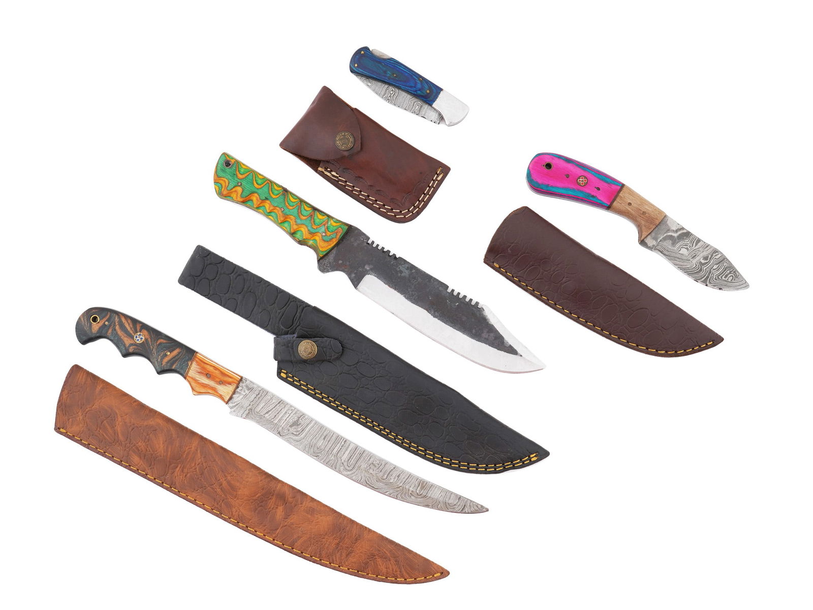 GROUP OF FOUR DAMASCUS STEEL KNIVES WITH SHEATHS (1 of 10)