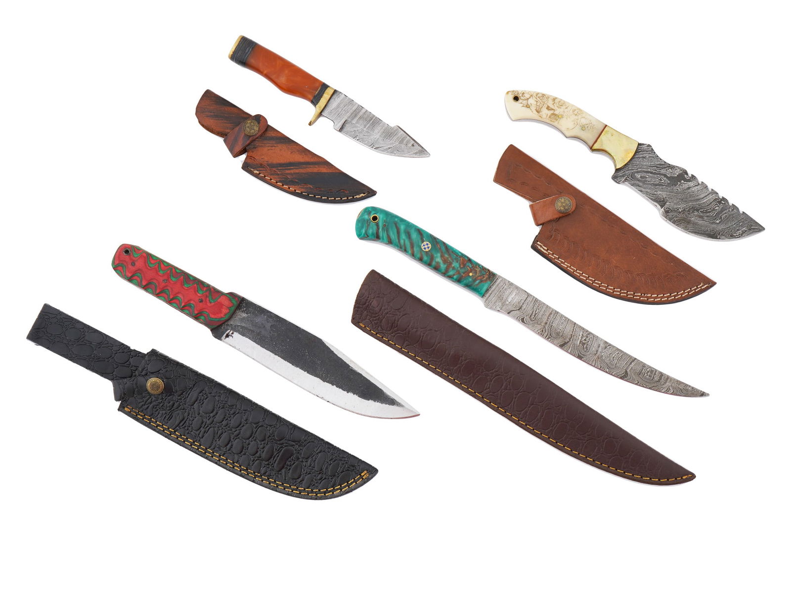 GROUP OF FOUR DAMASCUS STEEL KNIVES WITH SHEATHS (1 of 12)