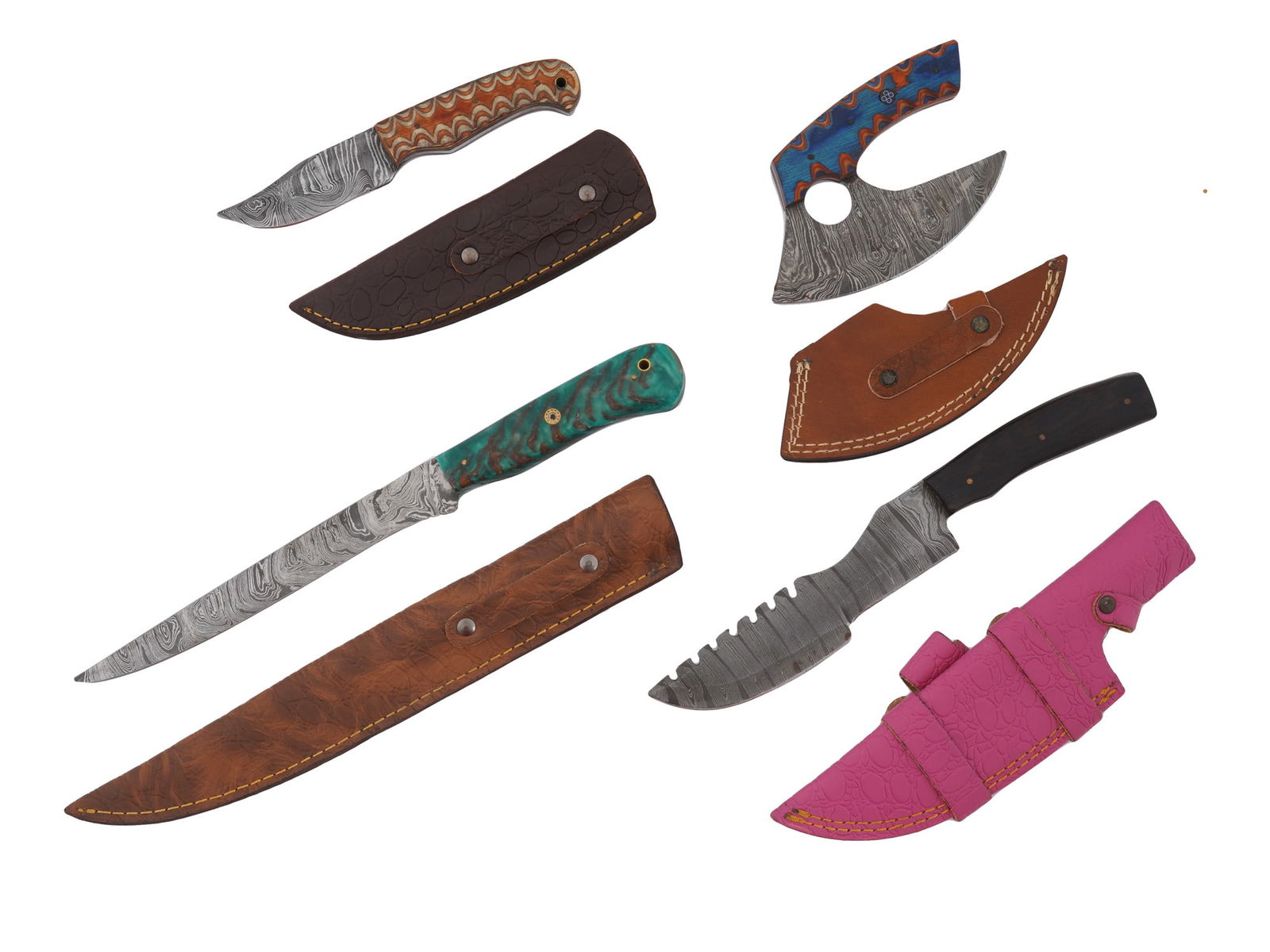 GROUP OF FOUR DAMASCUS STEEL KNIVES W SHEATHS (1 of 9)