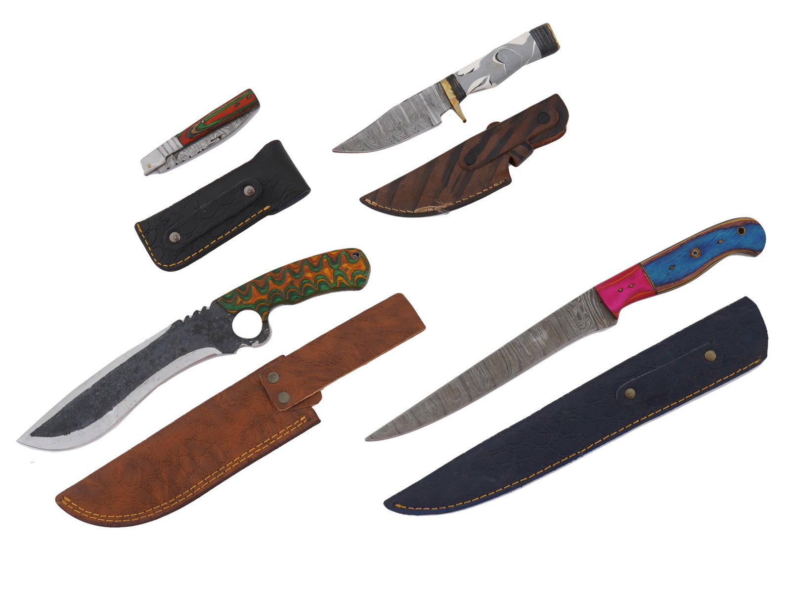 GROUP OF FOUR DAMASCUS STEEL KNIVES W SHEATHS: A group of four knives with sheaths. Three with a uniquely patterned Damascus steel blade. Each has a different multicolored handle design. One features a pocket knife. Collectible Vintage Weapons And