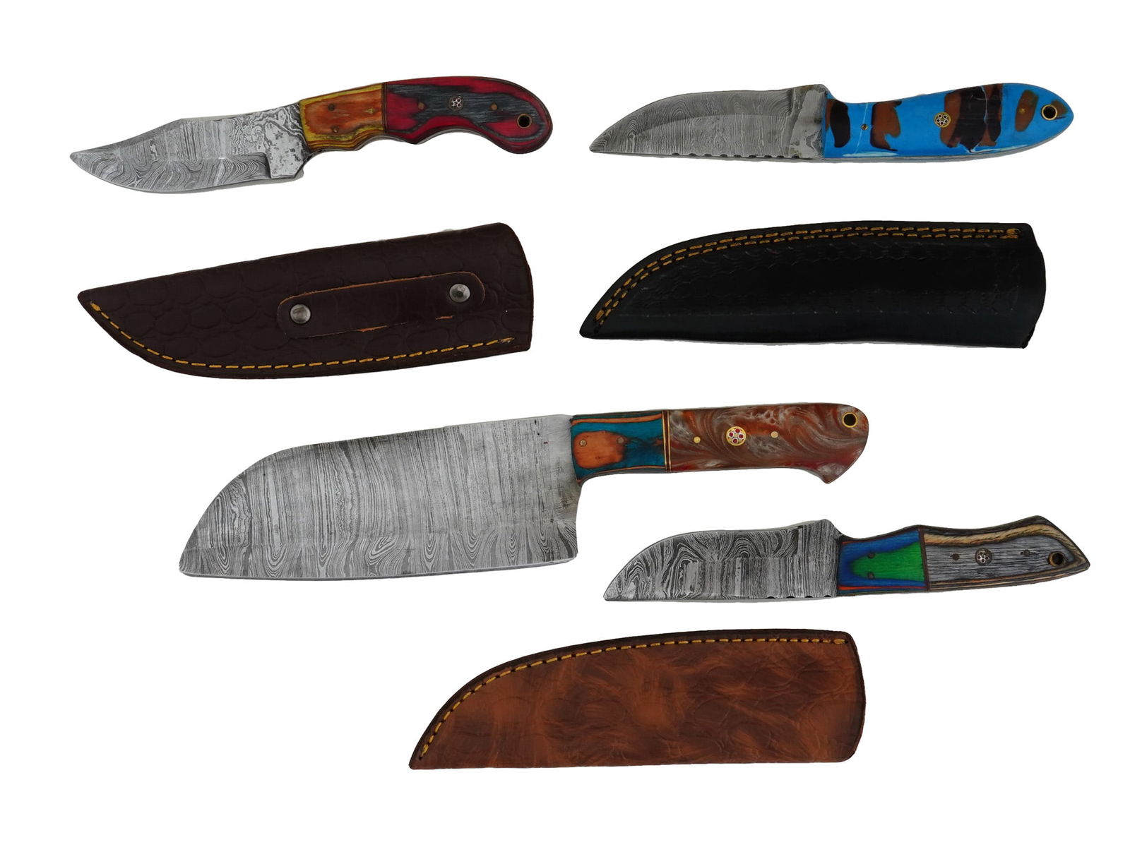 GROUP OF FOUR DAMASCUS STEEL KNIVES W SHEATHS (1 of 2)