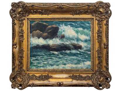 ANTIQUE AMERICAN SCHOOL OIL SEASCAPE PAINTING C 1910: An antique early 20th century American school oil on board painting Waves depicting an Impressionist seascape. The painting is executed masterfully, with bold and confident strokes. Housed in a richly