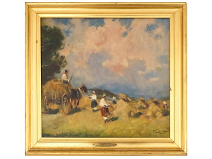 NICOLAE TONITZA ROMANIAN SIGNED RURAL OIL PAINTING: An oil painting on canvas relined on panel depicting a rural genre scene. Signed, Tonitza, lower right. Framed. An engraved plate is on the front of the frame. Provenance: Estate sale of a Romanian Do