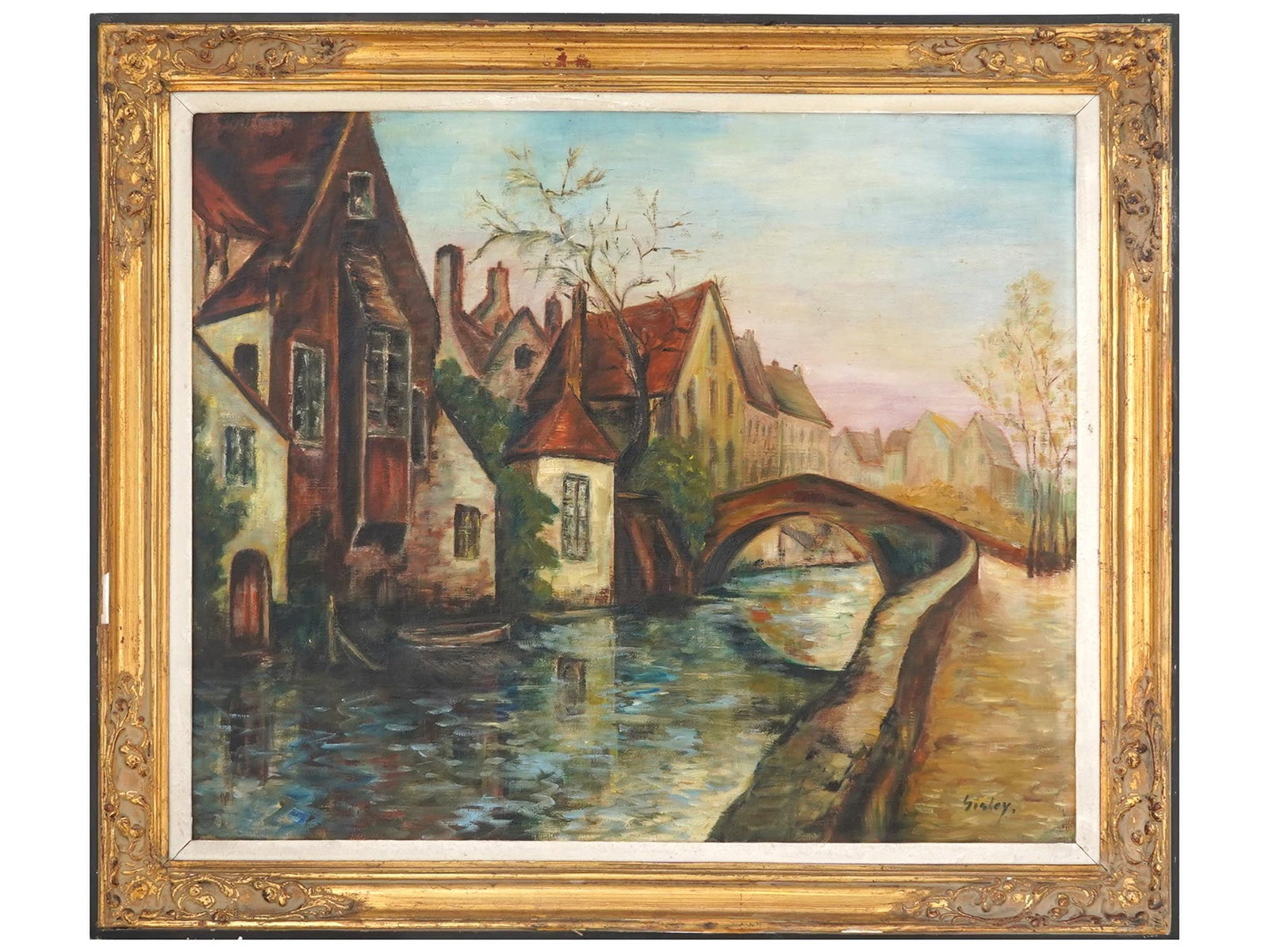 ALFRED SISLEY MANNER FRENCH TOWNSCAPE OIL PAINTING: An impressionist oil painting on canvas depicting a river townscape view in the manner of Alfred Sisley, French, 1839 to 1889. Inscribed, Sisley, lower right. Framed. Provenance: from the private Fren