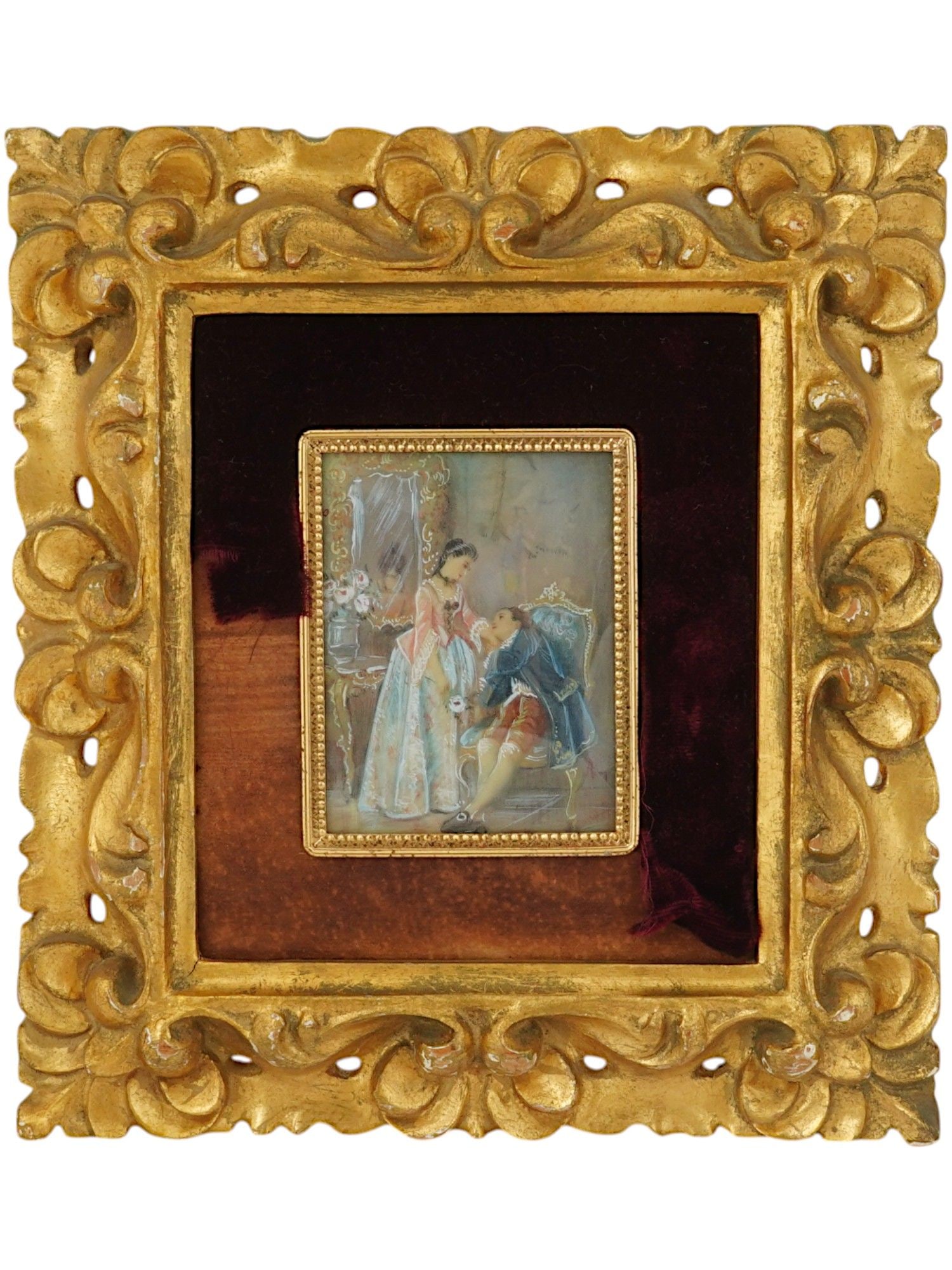 ANTIQUE EUROPEAN GALLANT SCENE MINI PAINTING FRAMED (1 of 5)