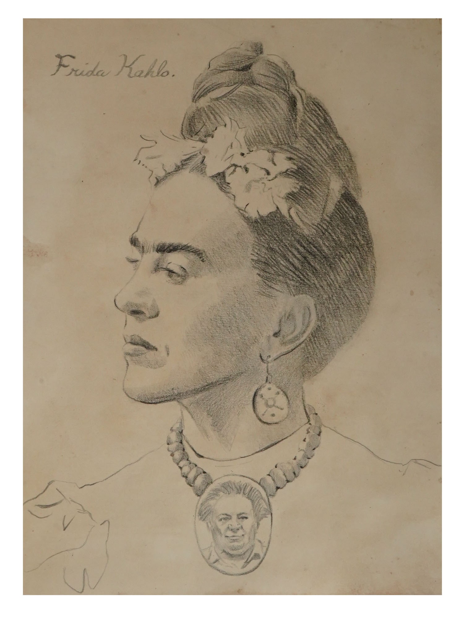 ATTR TO FRIDA KAHLO SELF PORTRAIT PENCIL PAINTING (1 of 5)