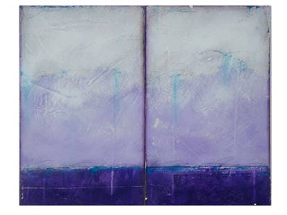 C DAMIAN ROX ABSTRACT MIXED MEDIA DIPTYCH PAINTING: Oil, pastel, and pencil on board paintings by C. Damian Rox, a contemporary American artist. An abstract diptych artwork in purple and blue color palette. Titled Majestic. Dated 2017. Signed by the ar