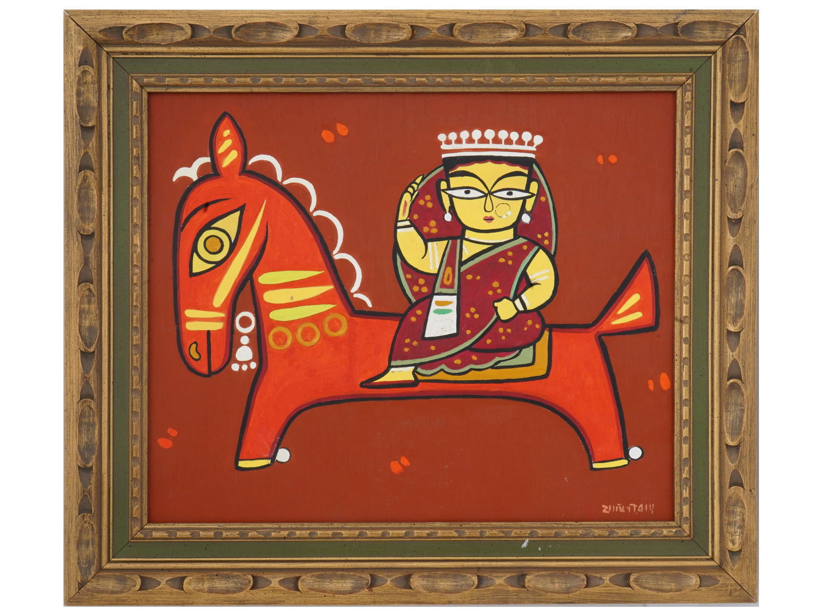 MID CENTURY INDIAN BENGAL SCHOOL OIL PAINTING: A Mid Century Indian Bengal Art School oil painting on canvas depicting a portrait of a female horse rider. Inscribed lower right. Framed. Contemporary Indian Fine Art, Expressionist and Figurative Pa