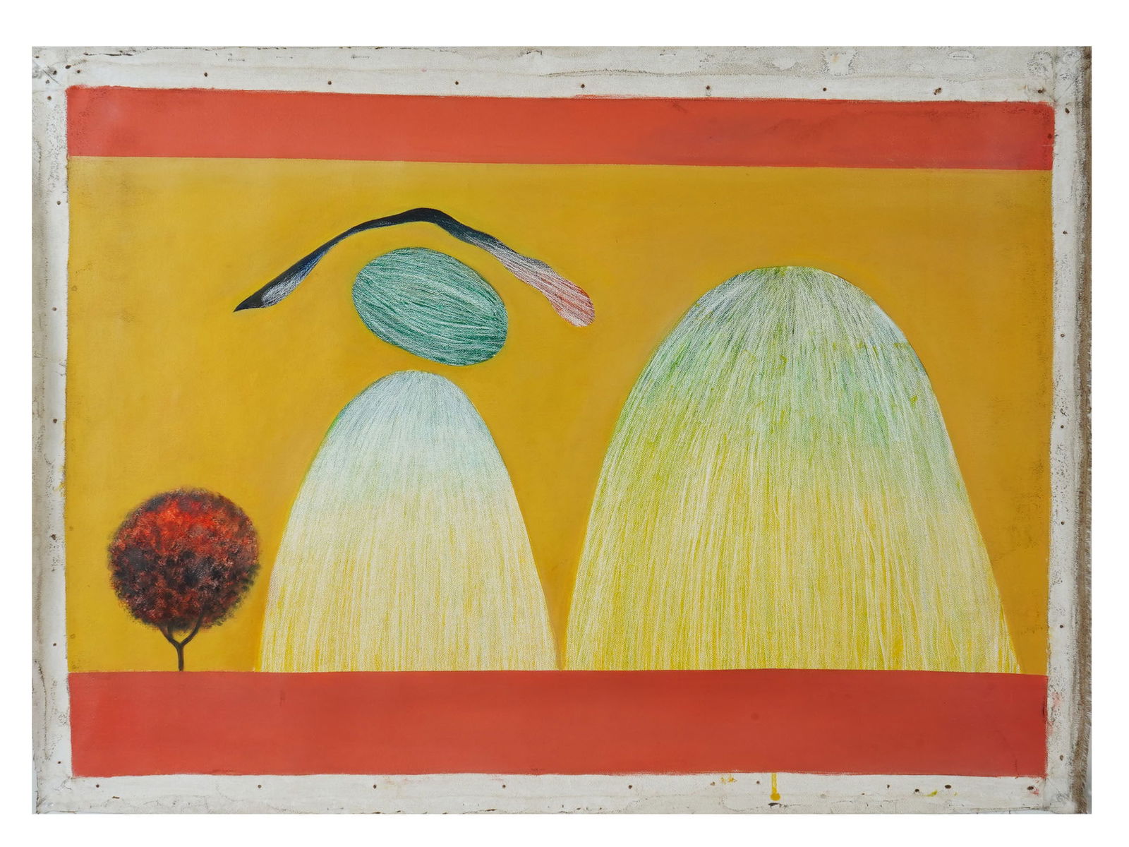 AFTER JAGDISH SWAMINATHAN INDIAN LANDSCAPE PAINTING: Oil on canvas painting. In the manner of Jagdish Swaminathan, 1928 to 1994, an Indian Modernist artist and writer who played a major role in establishment of Indian art museums such as Bharat Bhawan a