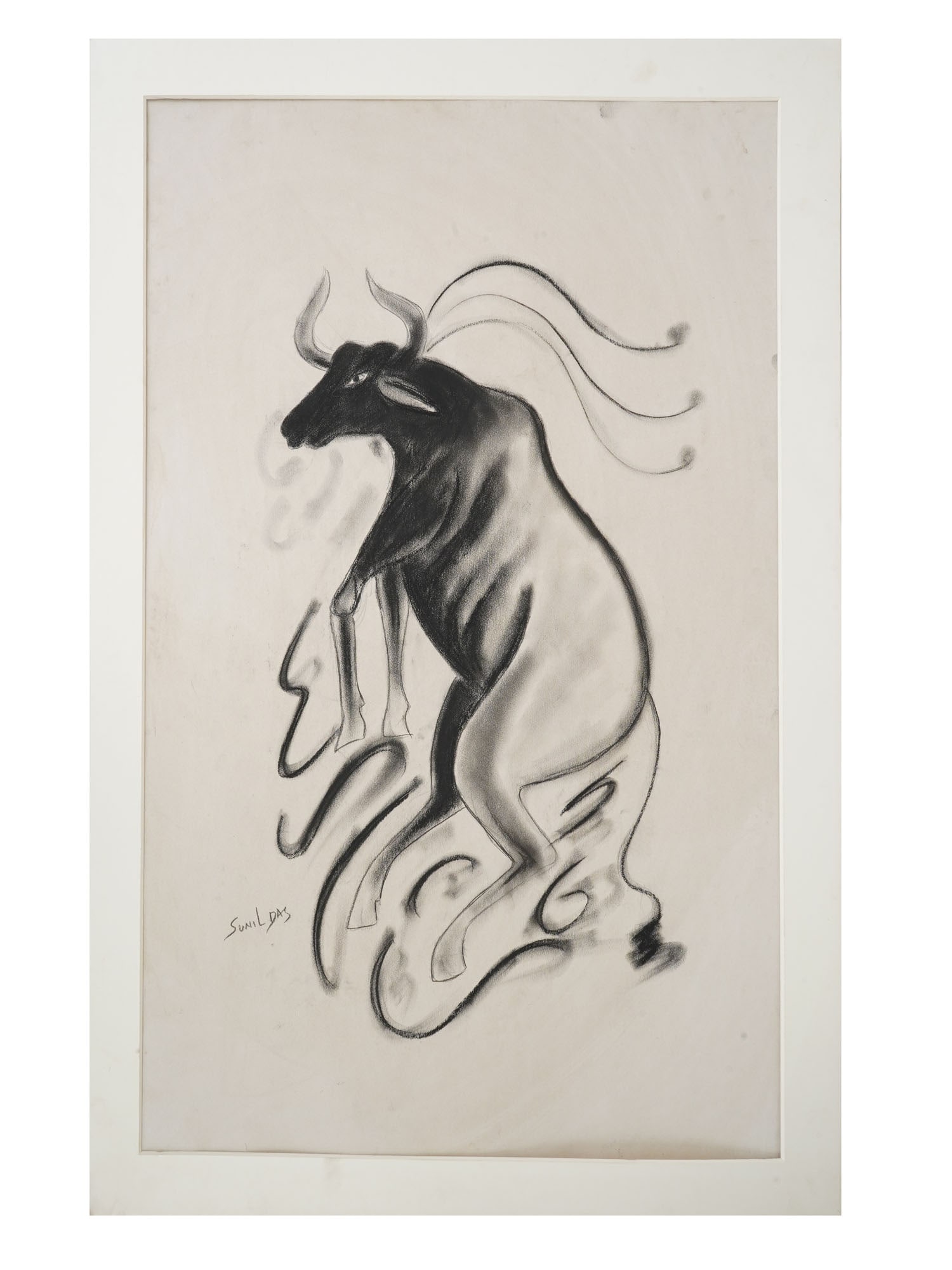 INDIAN BULL CHARCOAL PAINTING SIGNED SUNIL DAS (1 of 5)