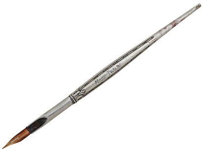 VINTAGE VICTORIAN MANNER MARK TWAIN FOUNTAIN PEN: A Victorian manner silver tone fountain pen. A barrel is etched with an inscription, Mark Twain, and adorned with an engraved with a foliate scroll ornament. Unmarked. Mark Twain, was an American writ