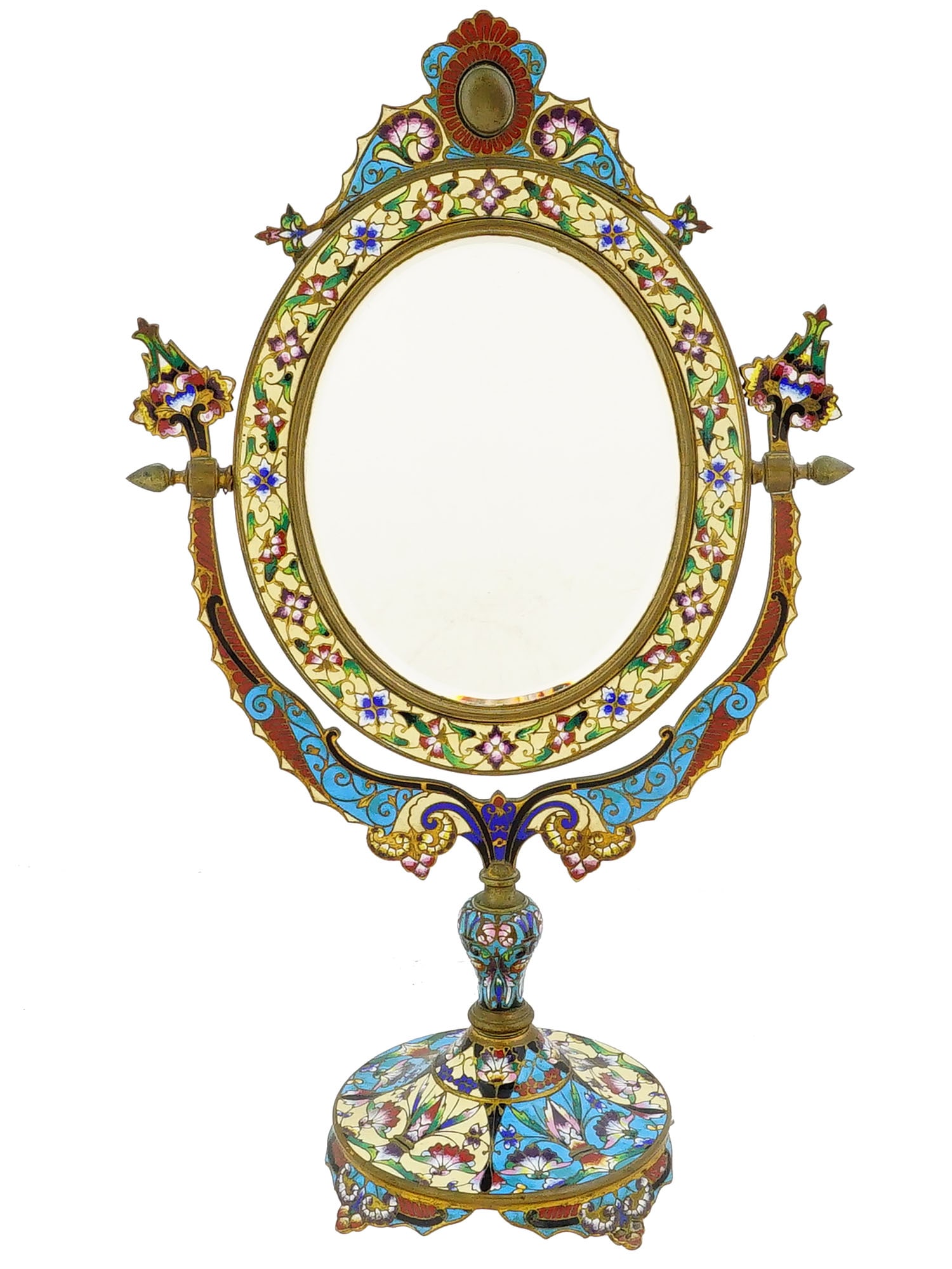 ANTIQUE FRENCH BRASS CHAMPLEVE ENAMEL TABLE MIRROR (1 of 5)
