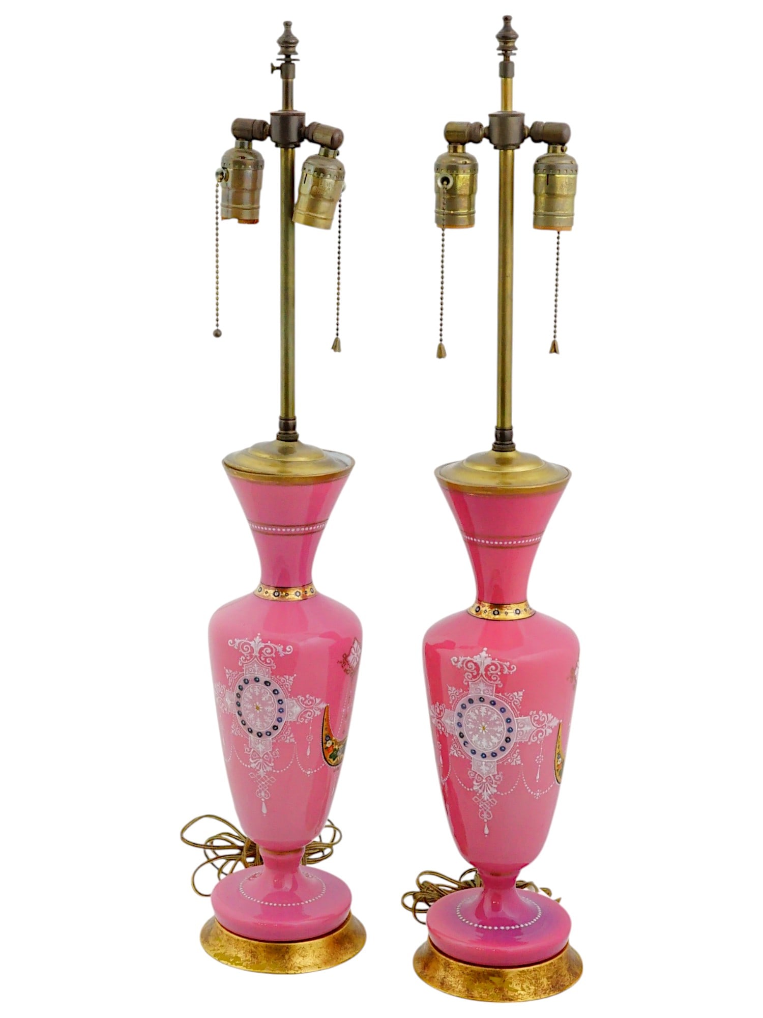 PAIR OF ANTIQUE FRENCH ROSE OPALINE GLASS LAMPS (1 of 6)