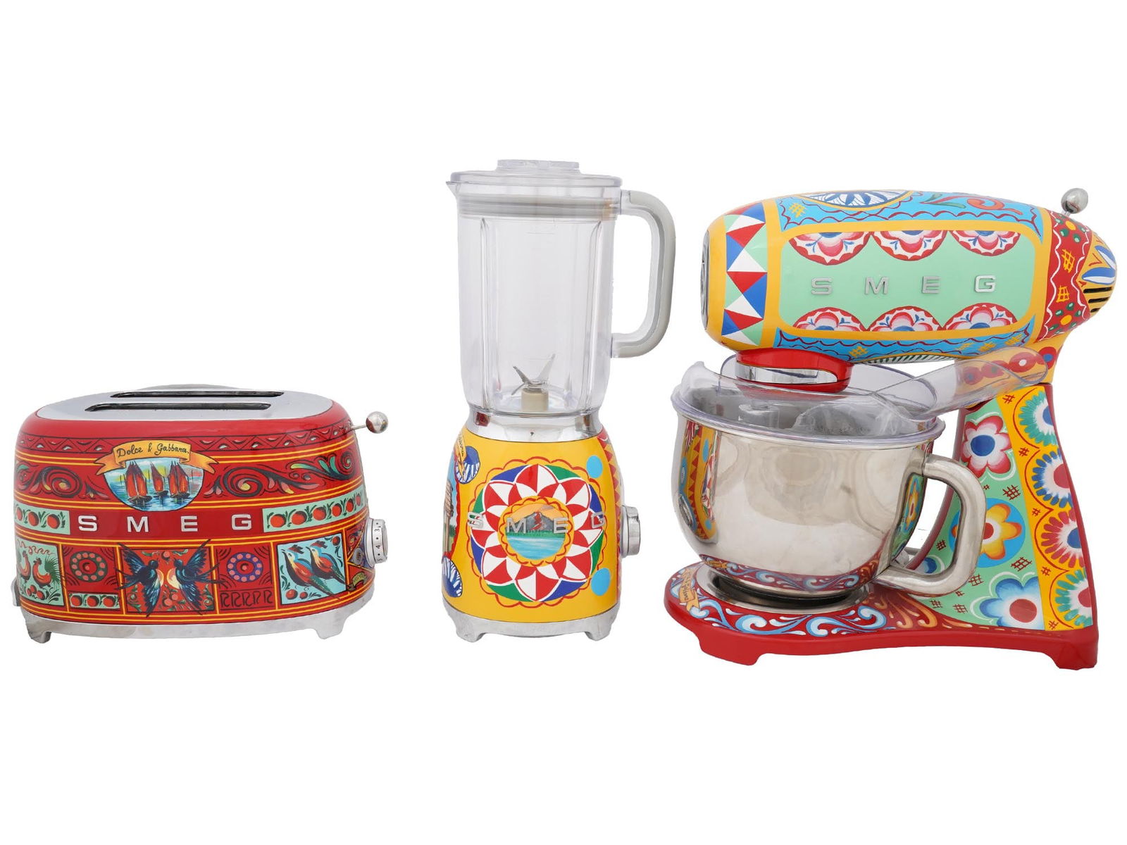 DOLCE AND GABBANA FOR SMEG SICILY KITCHEN APPLIANCES: A lot of three kitchen appliances by SMEG, an Italian home equipment manufacturer. A collaboration with Dolce and Gabbana, Sicily Is My Love collection, inspired by traditional Sicilian handicrafts. A