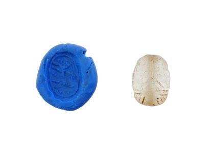 ANCIENT EGYPTIAN ENGRAVED STONE SCARAB BEAD: An ancient Egyptian hand carved stone bead in the shape of a scarab with an engraved image on the underside. Pierced through the center. Collectible Historical Artifacts, Archaeological Finds And Reli