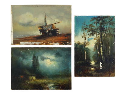 THREE RUSSIAN SCHOOL OIL LANDSCAPE PAINTINGS: A lot of three Russian school oil on cardboard landscape paintings. The first painting depicts a coastal landscape and a genre scene with a couple of people and a boat. The second painting depicts a n