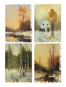RUSSIAN OIL ON CARDBOARD WINTER LANDSCAPE PAINTINGS
