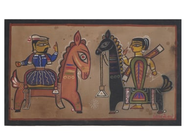 INDIAN SCENE TEMPERA PAINTING SIGNED JAMINI ROY