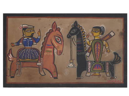 INDIAN SCENE TEMPERA PAINTING SIGNED JAMINI ROY: A tempera painting on board depicting a scene with a couple of riders. Signed lower right. Jamini Roy, Indian, 1887 to 1972, is known for Folk art painting of India. When he was sixteen he was sent to