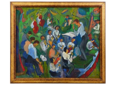 EARLY 20TH C CUBIST GENRE SCENE OIL PAINTING SIGNED