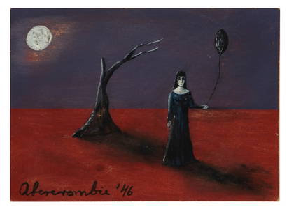 ATTR TO GERTRUDE ABERCROMBIE AMERICAN OIL PAINTING: Attributed to Gertrude Abercrombie, German, American, 1909 to 1977, oil painting on masonite board, Lady with Black Balloon, 1946. Signed and dated, lower left. Gertrude Abercrombie is known for Surre