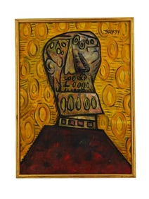 INDIAN MODERNIST PORTRAIT ACRYLIC PAINTING SIGNED