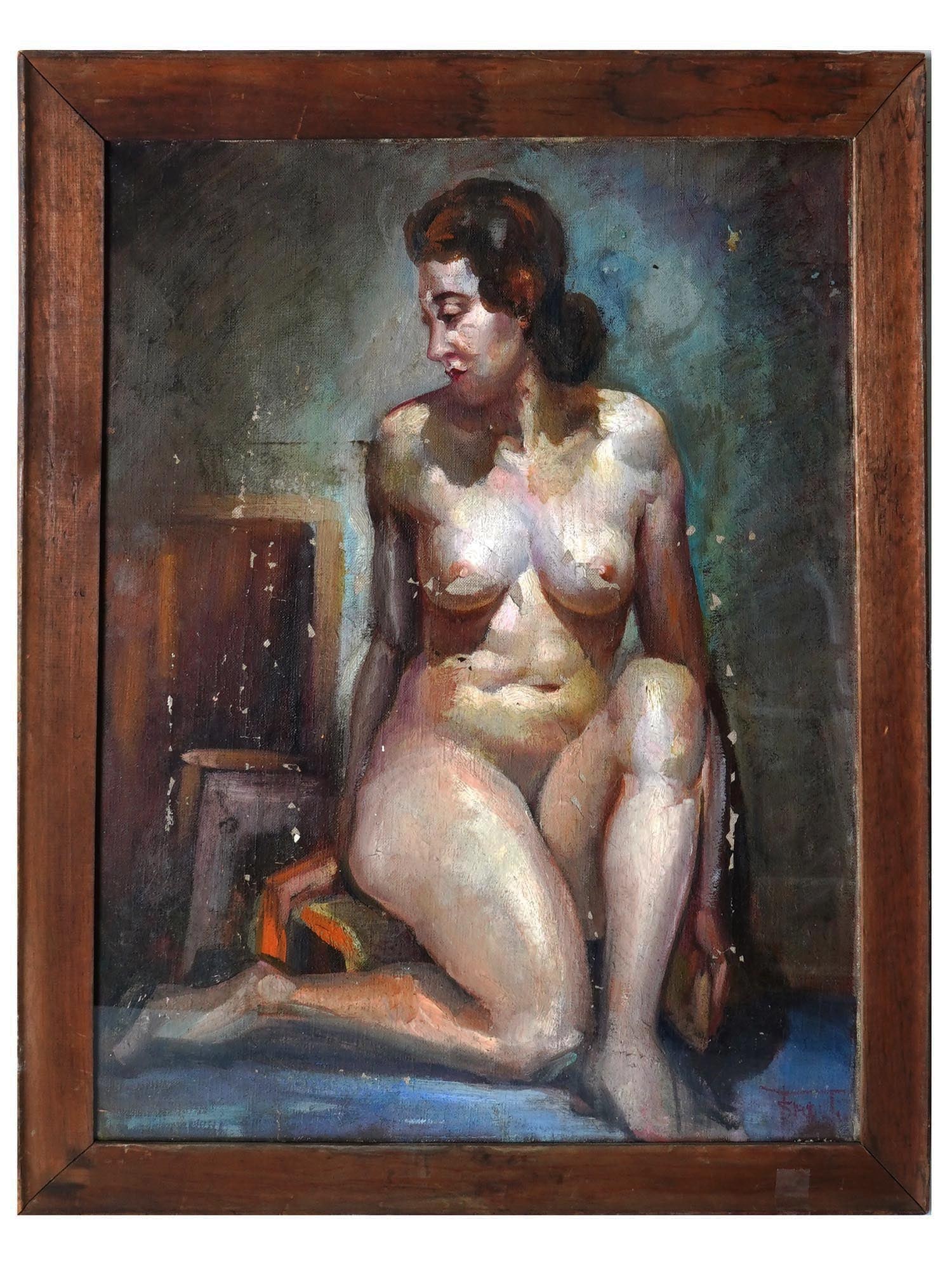 ANTIQUE 19TH C EUROPEAN NUDE FEMALE OIL PAINTING: A European school Impressionist oil on canvas painting depicting a seated nude female figure, illegibly signed on the lower right. Housed in a wooden frame. Dates from the mid-19th century. One of a k