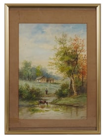 ANTIQUE WATERCOLOR PAINTING ATTR GEORGE B YARNOLD