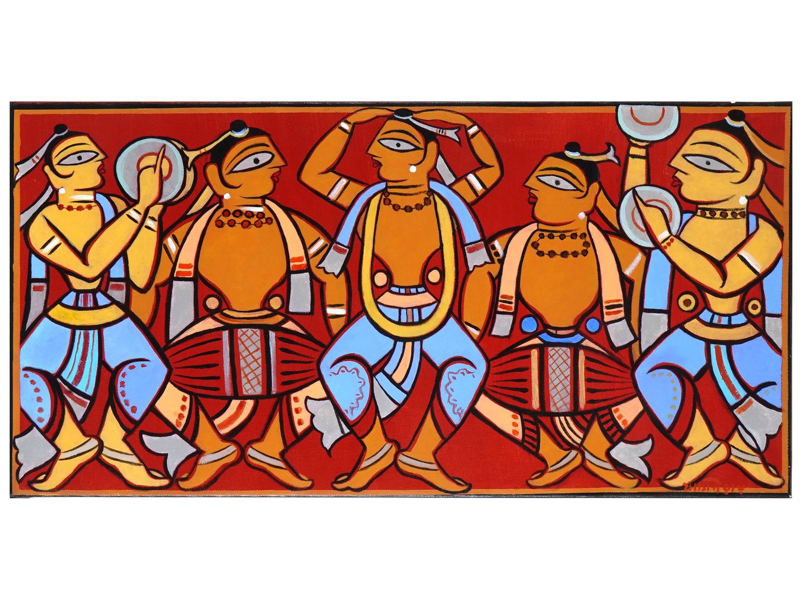 MID CENT INDIAN FOLK ART OIL PAINTING SIGNED BY ARTIST: A Mid century Indian Folk Art oil painting on canvas depicting a scene with traditional dancers. Signed lower right. The new style of many Indian artists was a reaction against the Bengal School and t