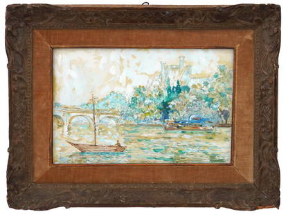 ATTR TO PAUL SIGNAC FRENCH MIXED MEDIA PAINTING: ??Attributed to Paul Victor Jules Signac, French, 1863 to 1935, mixed media painting on paper depicting a cityscape view with a bridge. Signed lower left. Housed in a carved wood frame. Paul Victor Ju