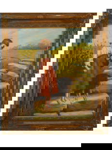 VINTAGE CANADIAN OIL ON CANVAS GENRE PAINTING: A vintage Canadian oil painting, depicting a genre scene with a girl and a dog against a rural landscape. Framed. Note: Provenance: Oasis, Laval, Quebec, Canada. Collectible Figurative Art. One of a k