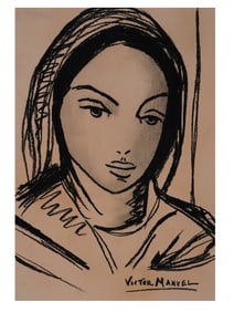 CUBAN RED CHALK PAINTING BY VICTOR MANUEL WITH COA