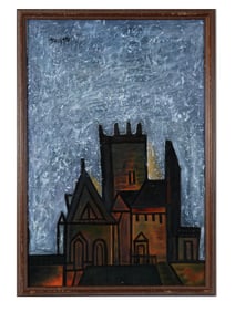 MID CENTURY INDIAN OIL PAINTING TOWER IN NIGHT SIGNED