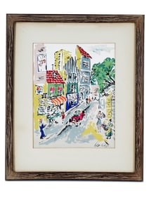 VINTAGE CITYSCAPE PAINTING ON FABRIC SIGNED