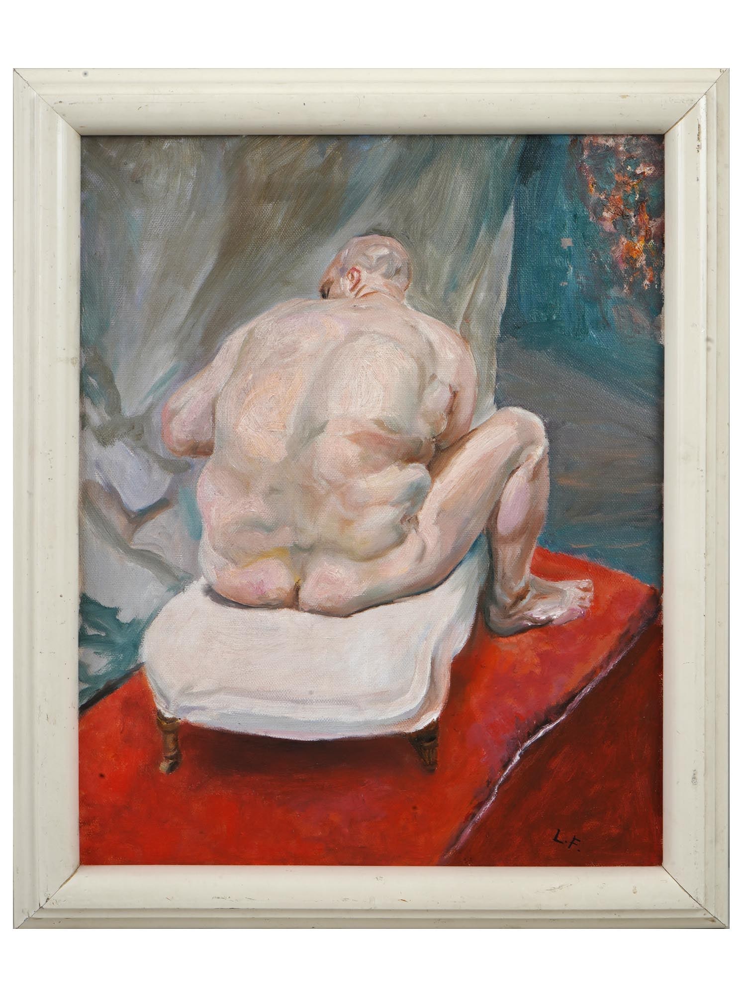 ENGLISH NUDE OIL PAINTING ON CANVAS SIGNED: An oil painting on canvas depicting a nude male portrait after the original oil painting on canvas, a nude man. Signed with initials, lower right. Framed. Modern and Contemporary English Fine Art, Rea