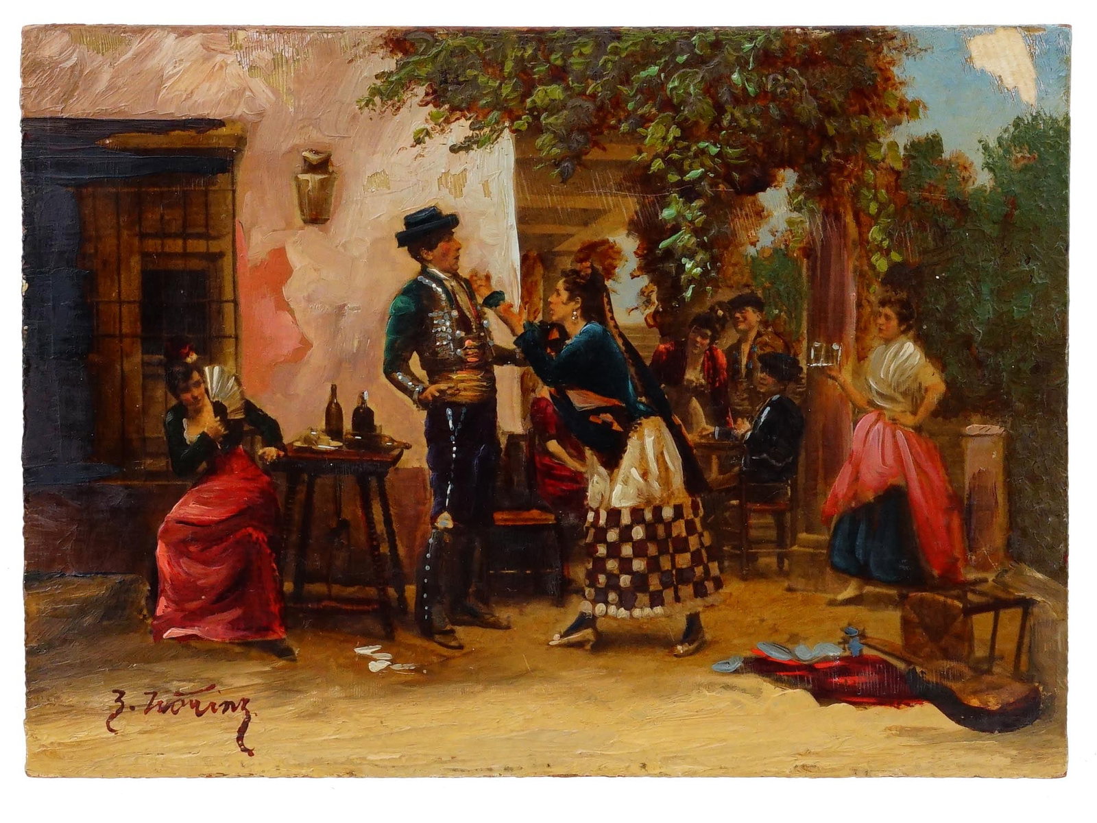 ANTIQUE SPANISH MINIATURE OIL PAINTING SIGNED: Oil on masonite painting. European, late 19th to early 20th century. The artwork depicts a multi-figure genre scene, a tavern quarrel. Titled Spanish Tavern on the backside. Signed by the artist in th