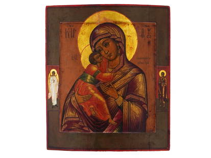 ANTIQUE RUSSAN ICON MOTHER OF GOD VLADIMIRSKAYA: An antique Russian Orthodox hand painted icon of Theotokos, Mother Of God Vladimirskaya, the earliest known surviving and one of the most revered miraculous icons of the Russian Orthodox Church. Mixed