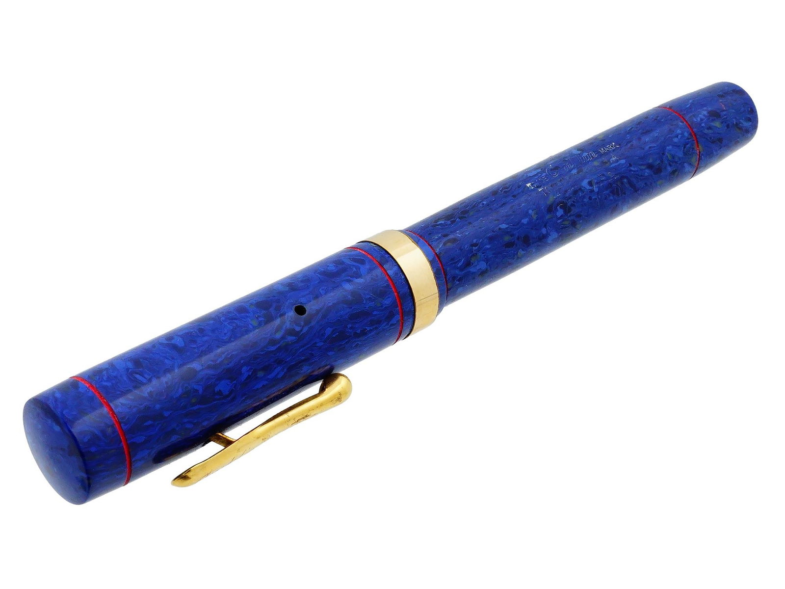 ANTIQUE CONKLIN ENDURA GOLD CELLULOID FOUNTAIN PEN: An antique, 1920s, Conklin Senior Endura gold and celluloid fountain pen. The sapphire blue fountain pen features a gold nib and fittings. The smooth cap and handle are decorated with red fine stripes
