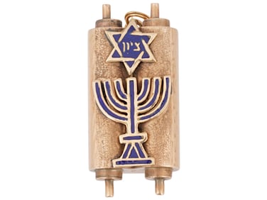 JUDAICA 14K GOLD ENAMEL TORAH PENDANT