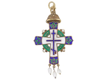 RUSSIAN SILVER ENAMEL CROSS WITH NATURAL PEARLS