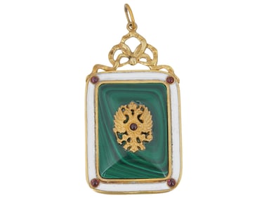 RUSSIAN SILVER ENAMEL MALACHITE PENDANT W GEMSTONES