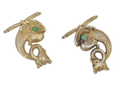RUSSIAN SILVER DOLPHIN CUFF LINKS WITH EMERALDS