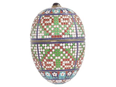 LARGE RUSSIAN SILVER ENAMEL EASTER EGG WITH GEMSTONE