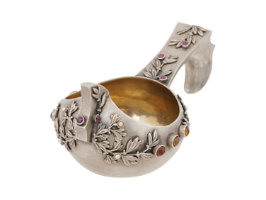 RUSSIAN SILVER KOVSH WITH RUBIES AND CITRINE