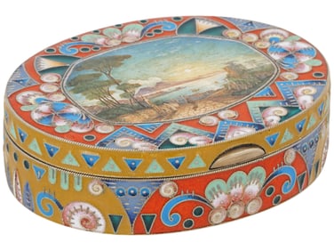 RUSSIAN SILVER ENAMEL OVAL BOX WITH MINIATURE PAINTING