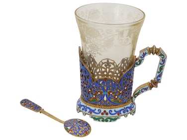 RUSSIAN SILVER ENAMEL TEA GLASS HOLDER W TEASPOON