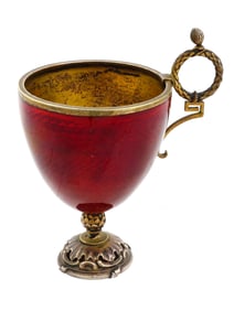 RUSSIAN SILVER AND GUILLOCHE ENAMEL CUP WITH HANDLE