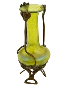 ART NOUVEAU MANNER PEWTER MOUNTED GREEN GLASS VASE