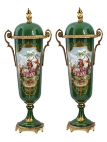 ANTIQUE FRENCH LIMOGES GILT PORCELAIN COVERED URNS